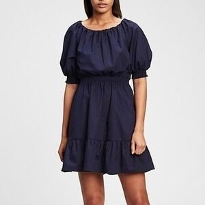 🆕️ NWT - Gap Women Navy Blue Cotton Smocked Waist Puff Sleeve Mini Dress Small